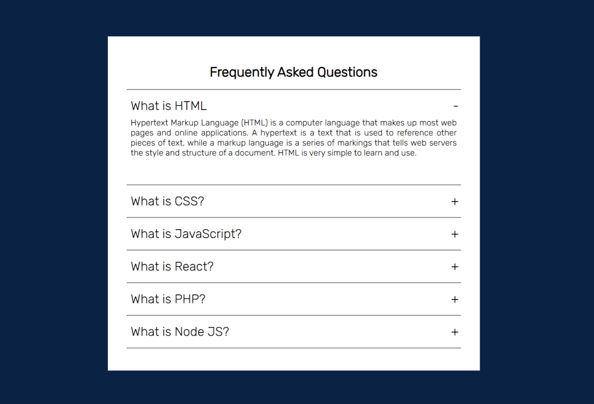 FAQ Accordion HTML CSS JavaScript